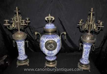 Chinese Blue White Porcelain Clock Set Candelabras Ming Garniture